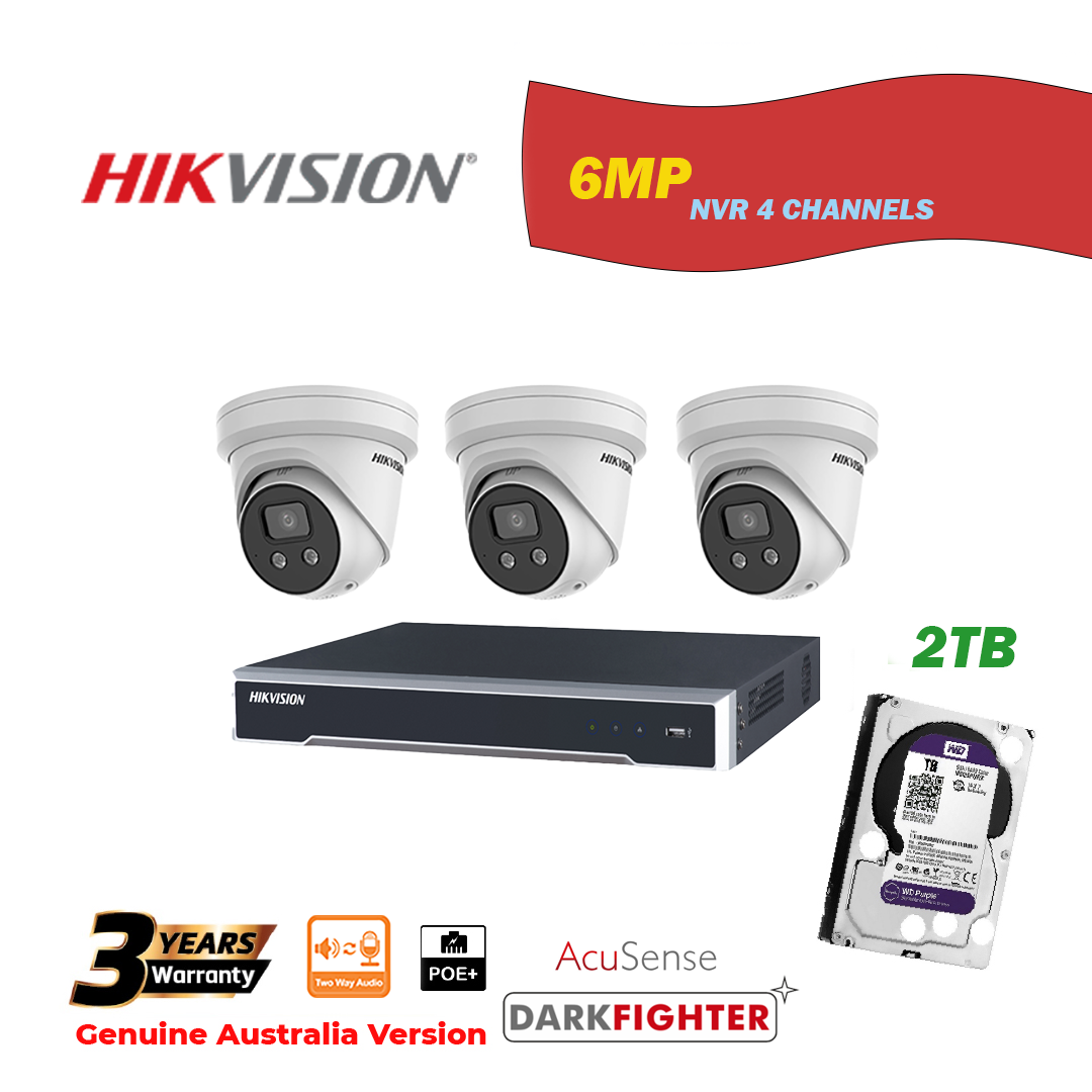 HIKVISION NVR 4 Channels with 2TB HDD+3 pcs 6MP Turret IP Camera Package - Two Way Audio