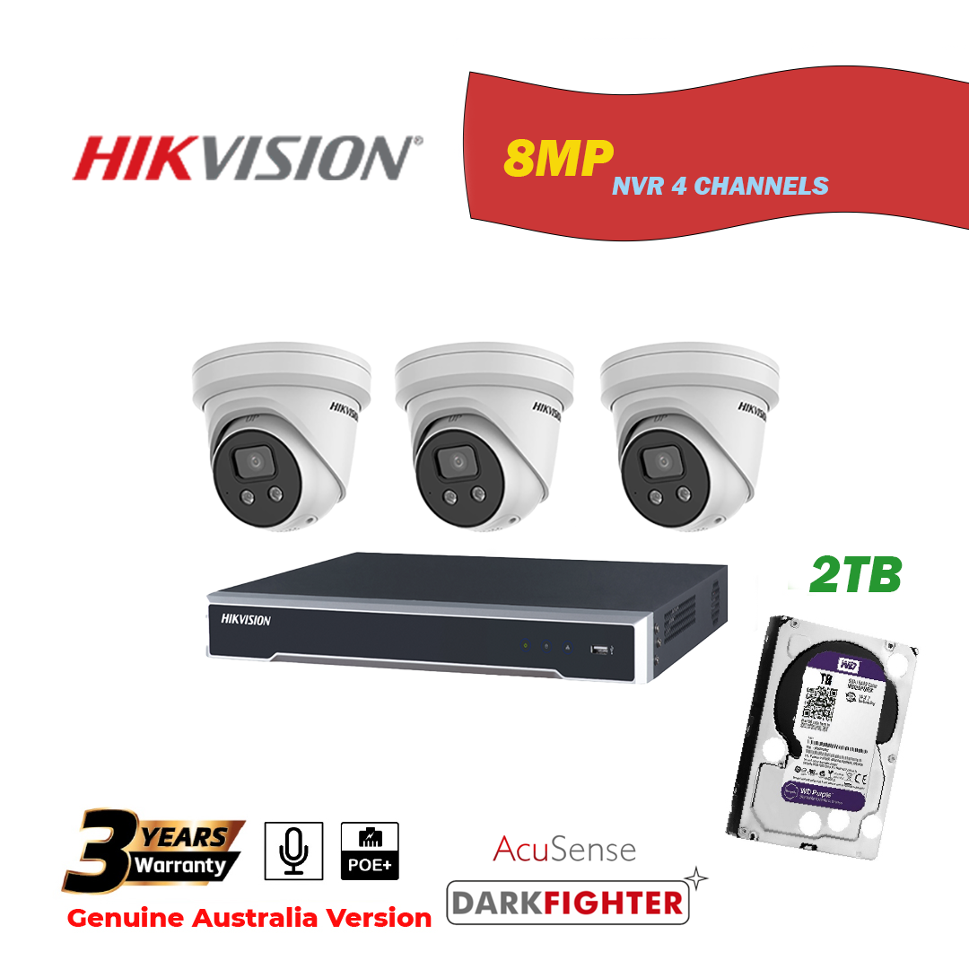 HIKVISION NVR 4 Channels with 2TB HDD+3 pcs 8MP Turret IP Camera Package - One Way Audio