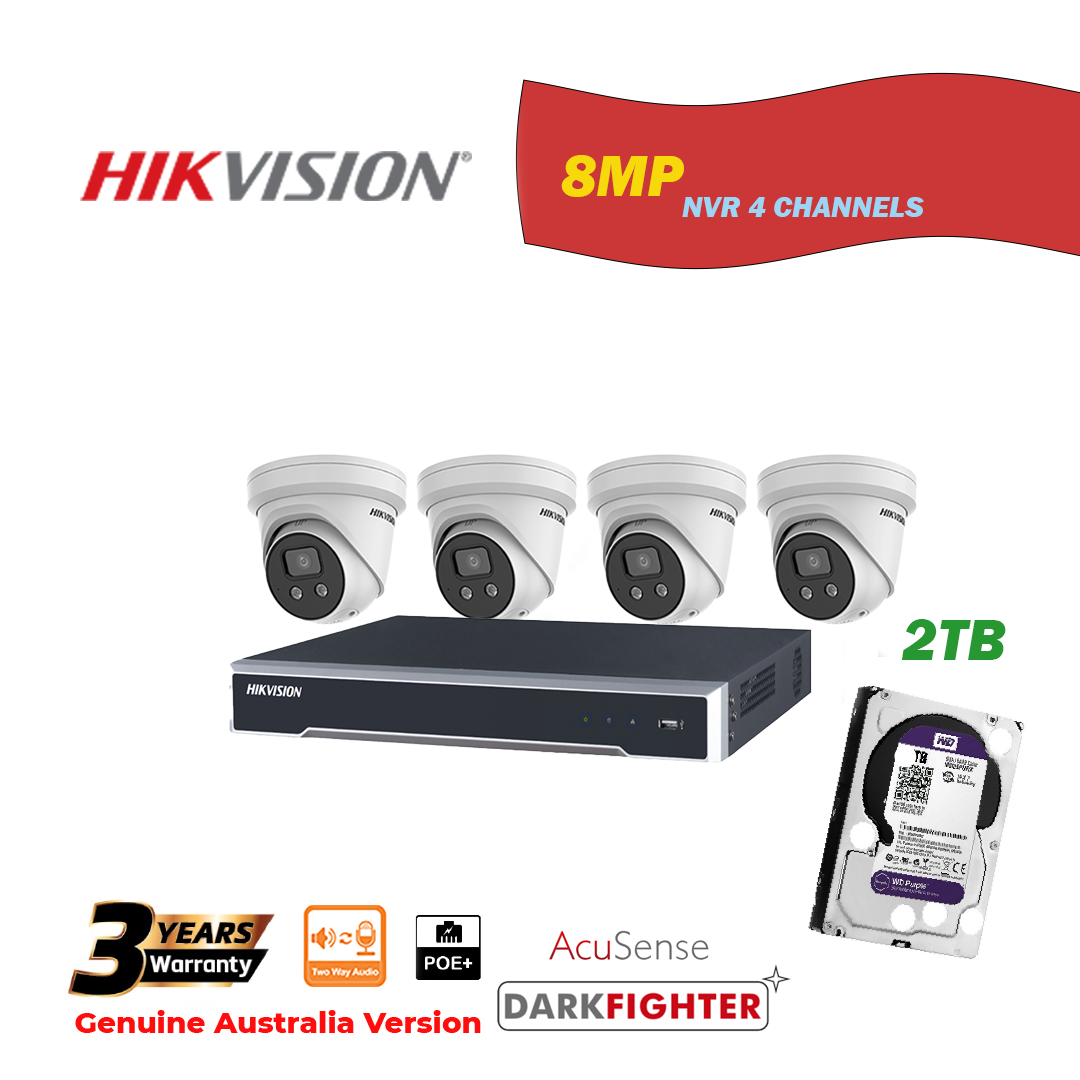 HIKVISION NVR 4 Channels with 2TB HDD+4 pcs 8MP Turret IP Camera Package - Two Way Audio