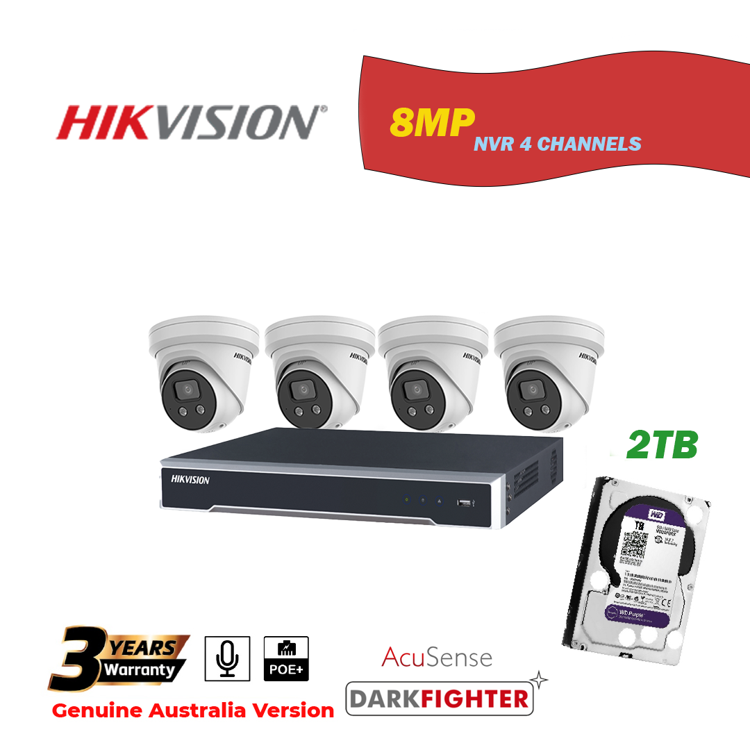 HIKVISION NVR 4 Channels with 2TB HDD+4 pcs 8MP Turret IP Camera Package - One Way Audio