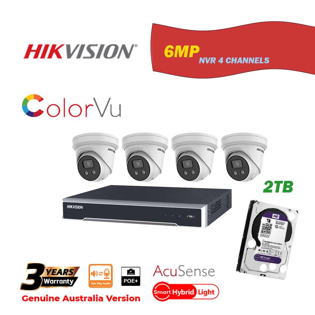 HIKVISION NVR 4 Channels with 2TB HDD+4 pcs 6MP Turret IP Camera Package - Colorvu