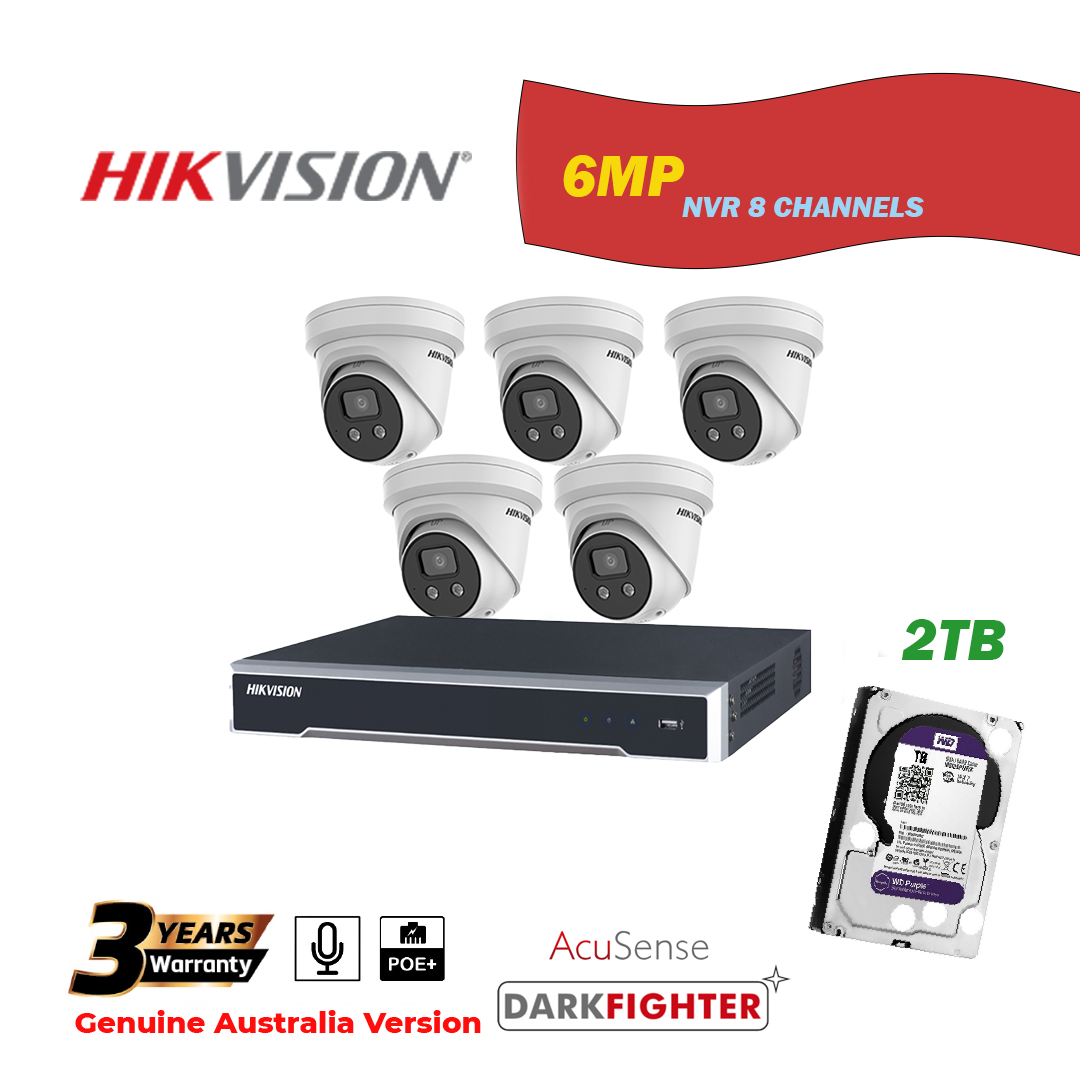 HIKVISION NVR 8 Channels with 2TB HDD+5 pcs 6MP Turret IP Camera Package - One Way Audio