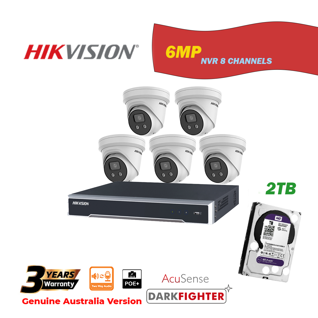 HIKVISION NVR 8 Channels with 2TB HDD+5 pcs 6MP Turret IP Camera Package - Two Way Audio