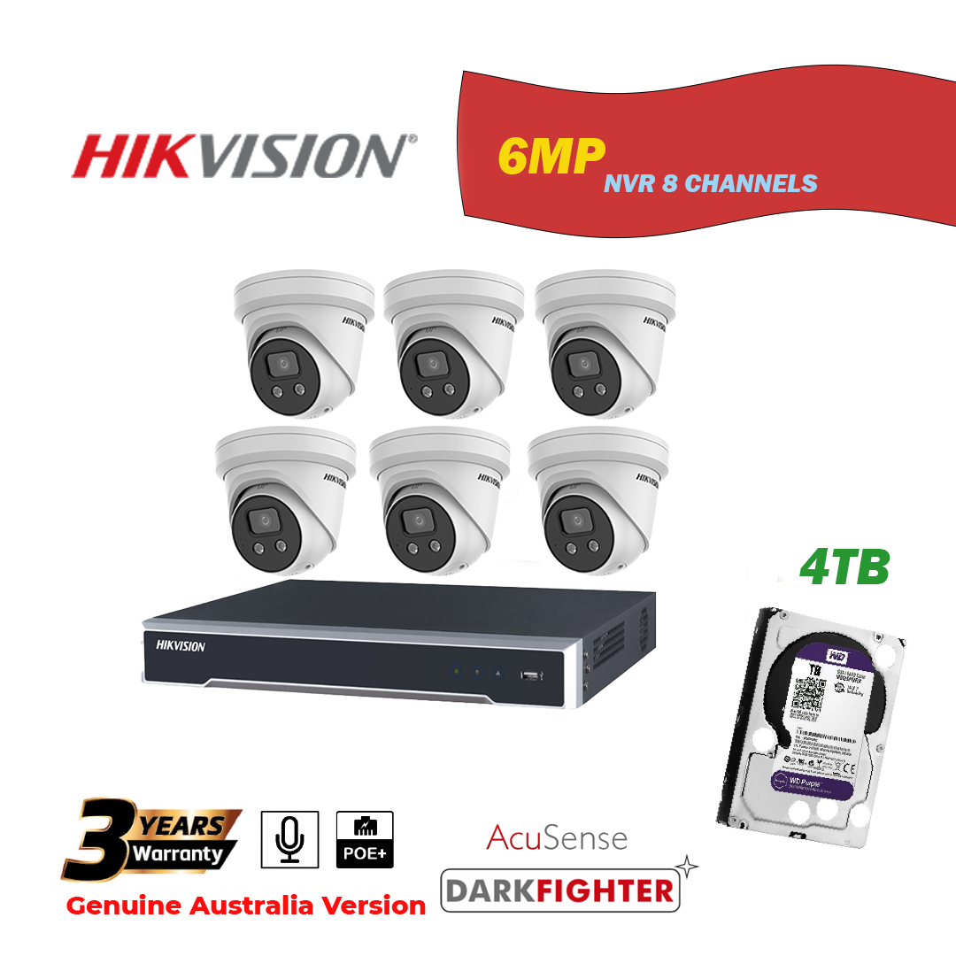 HIKVISION NVR 8 Channels with 4TB HDD+6 pcs 6MP Turret IP Camera Package - One Way Audio