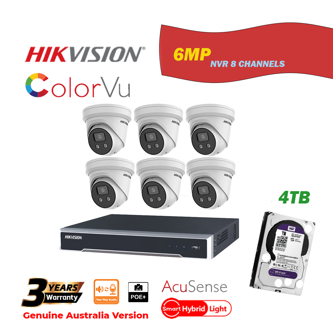 HIKVISION NVR 8 Channels with 4TB HDD+6 pcs 6MP Turret IP Camera Package - Colorvu