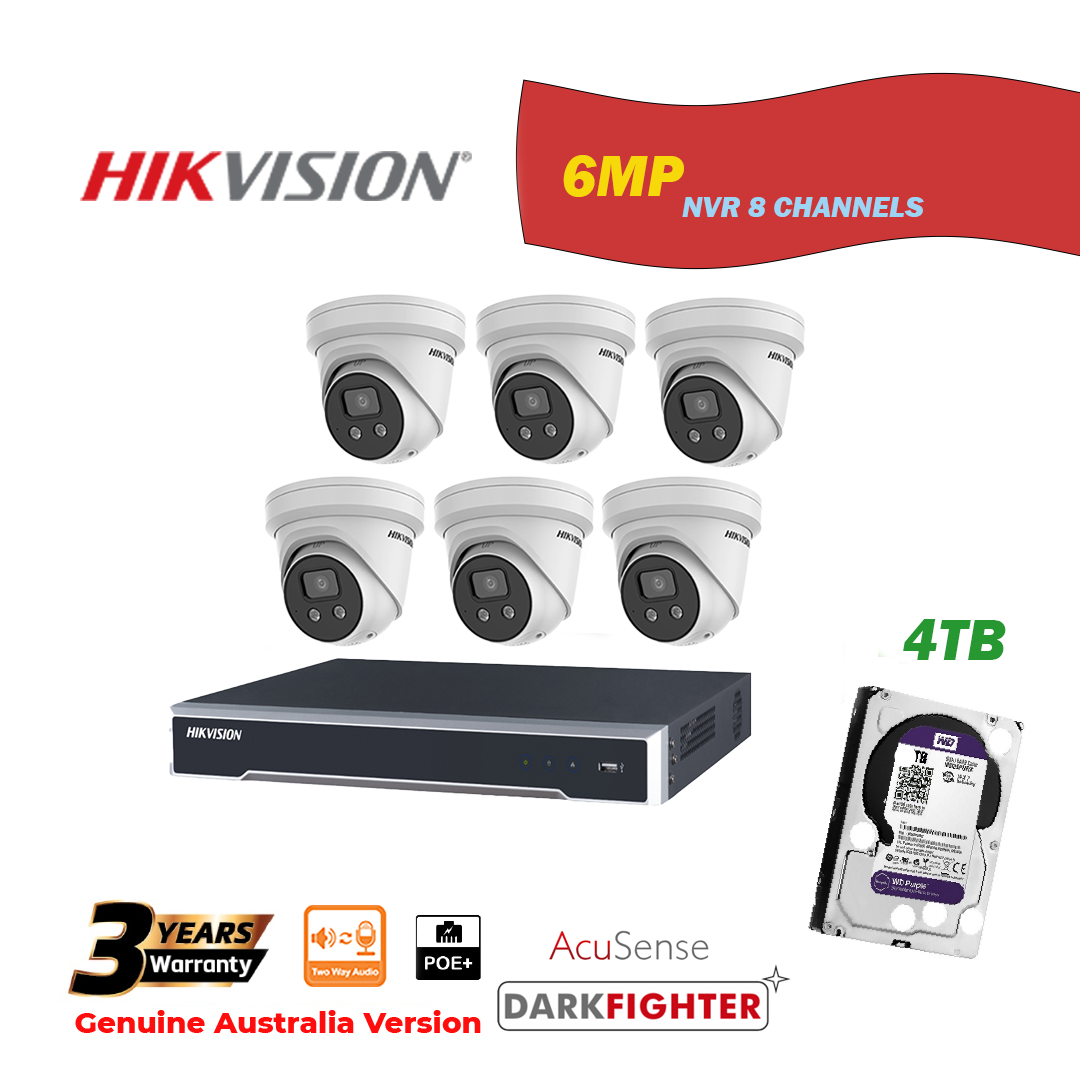 HIKVISION NVR 8 Channels with 4TB HDD+6 pcs 6MP Turret IP Camera Package - Two Way Audio