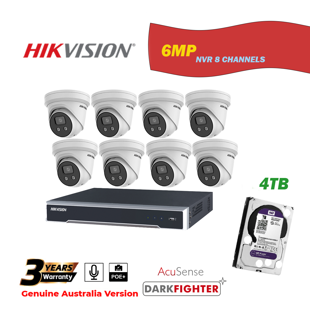 HIKVISION NVR 8 Channels with 4TB HDD+8 pcs 6MP Turret IP Camera Package - One Way Audio