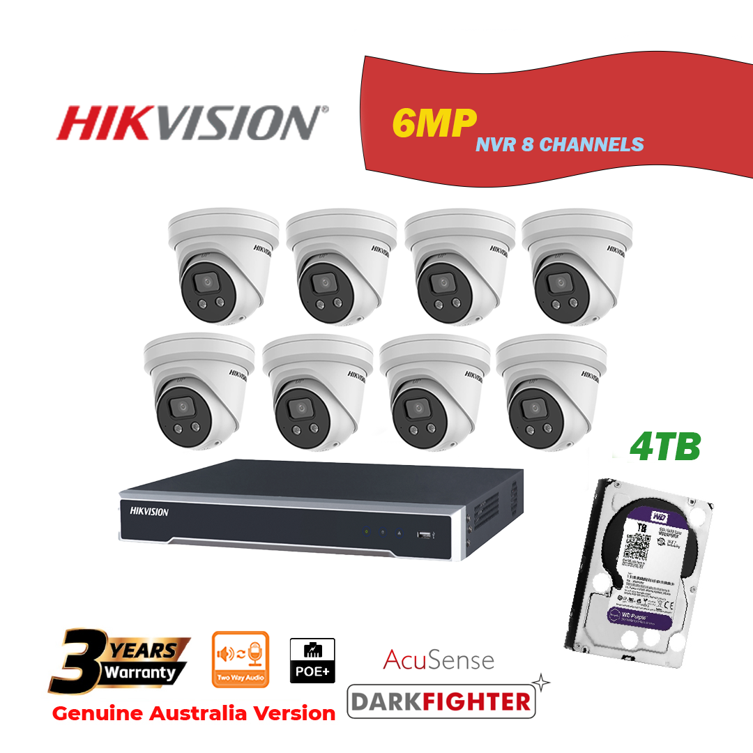 HIKVISION NVR 8 Channels with 4TB HDD+8 pcs 6MP Turret IP Camera Package - Two Way Audio